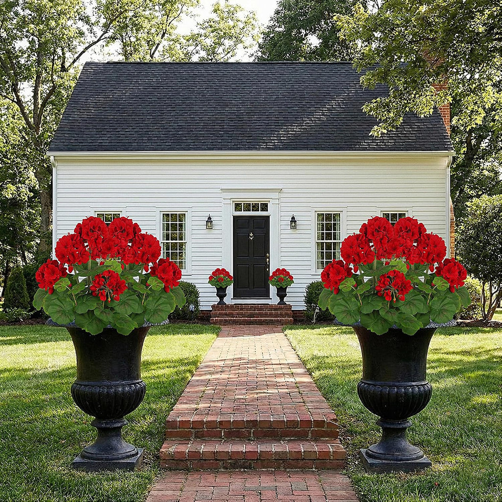 FOREST PRINCE 2 PCS 18" Artificial Geraniums for Outdoors, UV Resistant Red Silk Flowers for Window Box Porch Patio Garden Decor, Waterproof Ruby Red