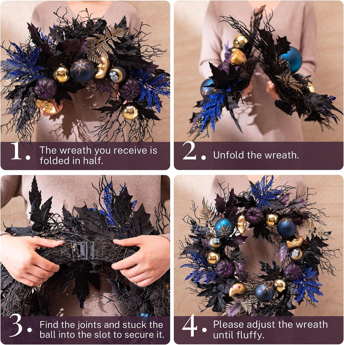 DecorbyHannah 24'' Pumpkins Halloween Wreath with Lights for Front Door
