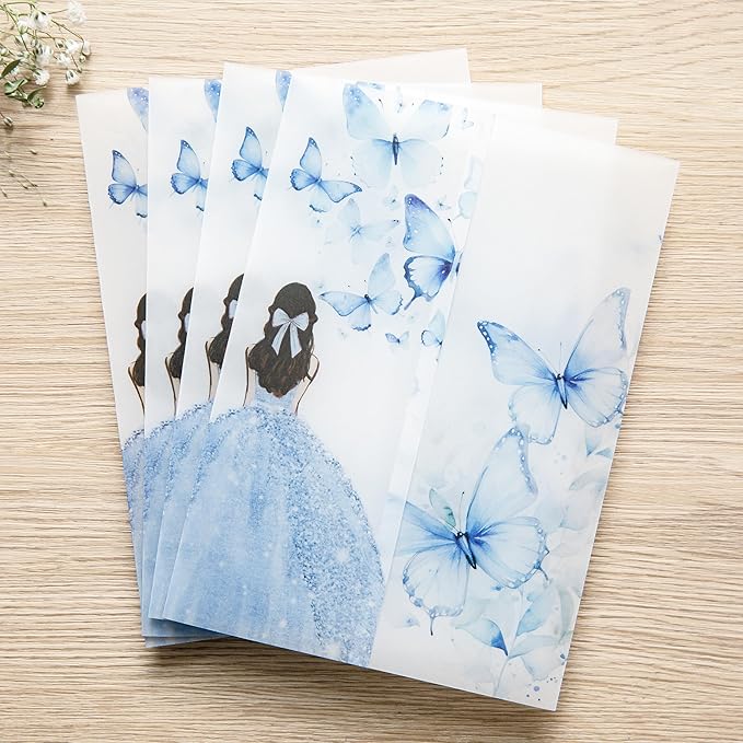 PONATIA 50 PCS Vellum Jackets for 5x7 Invitations - Vellum Paper 5x7 Jackets - 135GSM Blue Girl Butterfly Quinceanera Invitations Wraps - Transparent Cards