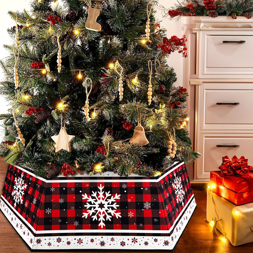 Christmas Tree Collar, Red Christmas Tree Collar, Buffalo Plaid Christmas Trees Skirt, Square Christmas Trees Ring, Foldable Hexagon Xmas Tree Skirt, Snowflake Decor for Holiday Party Home, 31 inch
