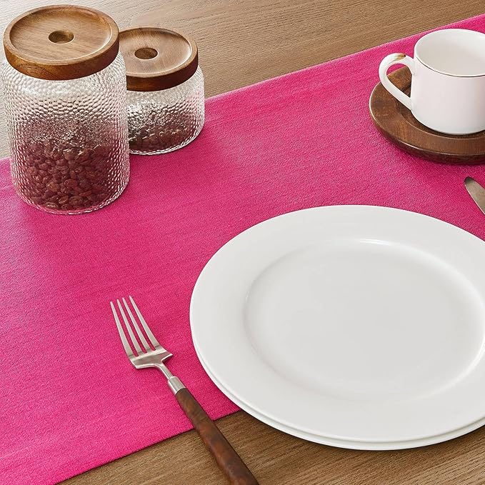 ZeeMart Linen Textured Border Table Runner, 14 x 90 Inch Hot Pink, Farmhouse Style Pink Table Runners 90 Inches Long, Easy Care Everyday Polyester Table Runner