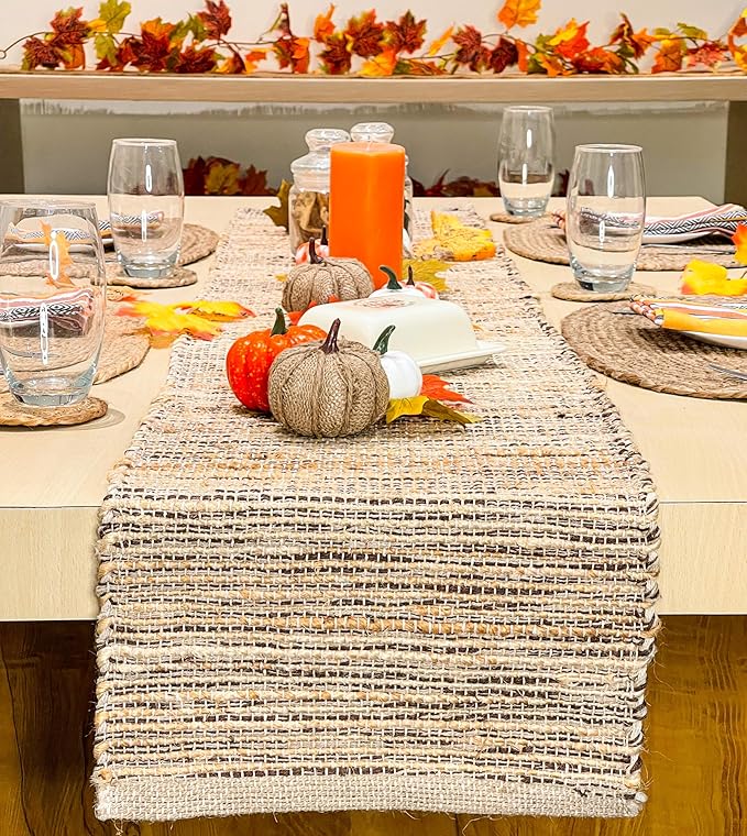 Chardin home Natural Jute Table Runner 13x72 Inch – Vintage Boho Rustic Table Decor – Handwoven Table Runner in Natural Jute and Brown – Farmhouse Dining or Console Table Accent