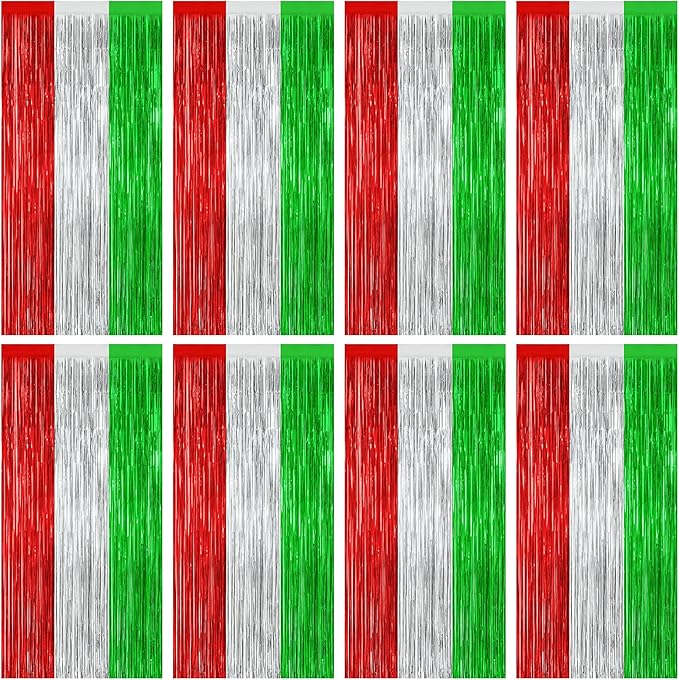 8 Pack Christmas Photo Backdrop, 3.28 FT x 7.05 FT Red Silver Green Party Streamer, Metallic Foil Fringe Curtains Tinsel Backdrop, Christmas Photo Booth Props Door Decor Party Supplies