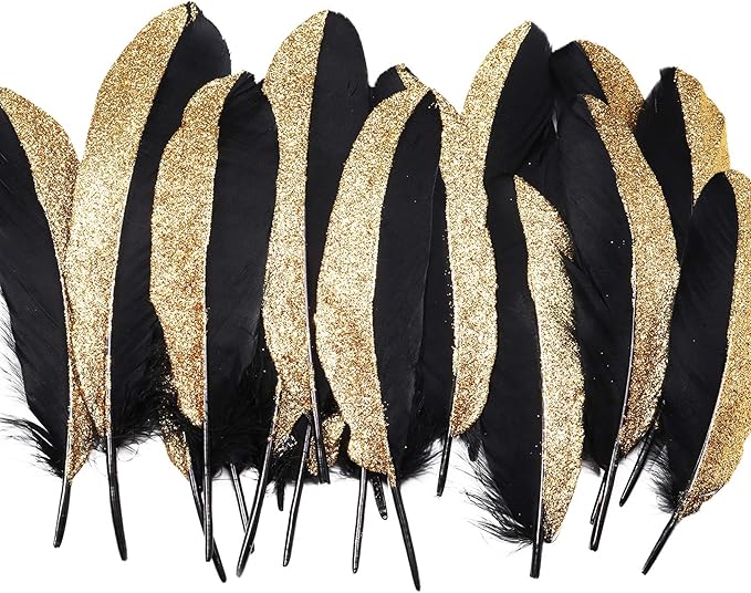 BABEYOND 42 Pcs 1920s Gatsby Gold Dipped Feather Natural Décor Glitter Feather for 20s Party Decoration Wedding Decoration (Black & Gold)