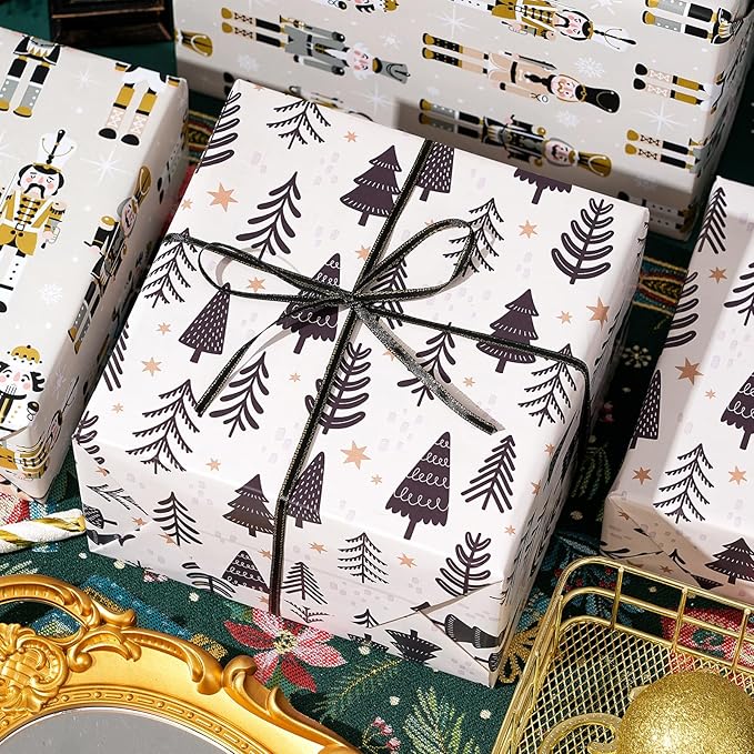 Ulmasinn Reversible Christmas Wrapping Paper Roll - 17" x33ft Double-Sided Designs with Luxury, Gold Nutcracker & Minimalist Black Forest, Xmas Gift Wrap for Presents, Table Decor & Crafting