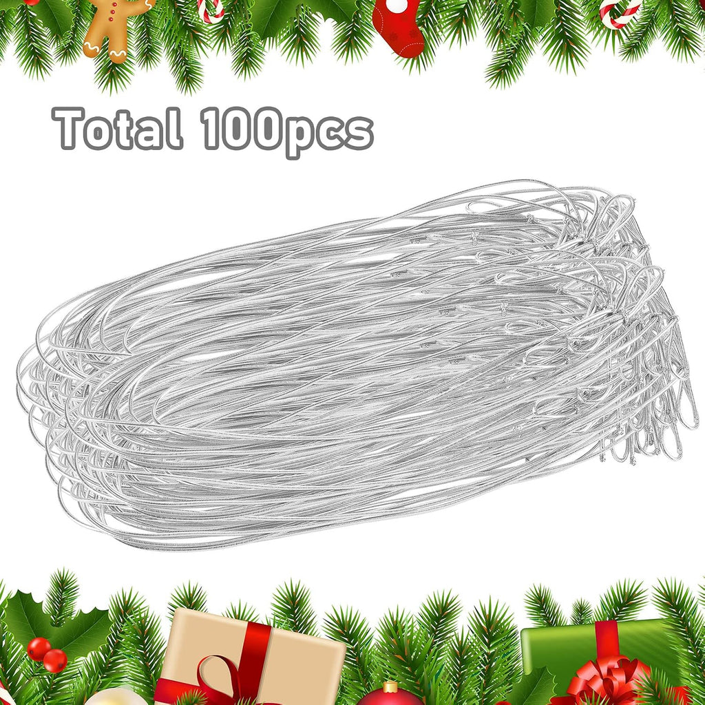 Jutom 100 Pcs Stretch Loops 16" Metallic Elastic Cord, Pre Tied Ornament Strings, Elastic Ribbon for Tags, String Bows for Christmas Decoration Gifts Wrapping Boxes (Silver)