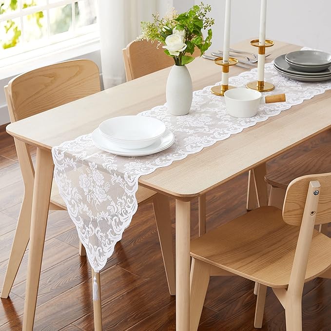 LinenZone White Table Runner with 2 Tassels for Rustic Vintage Decor. Lace Table Runner Works Great As Wedding, Thanksgiving or Christmas Decor (Mia 14 x 36, White)
