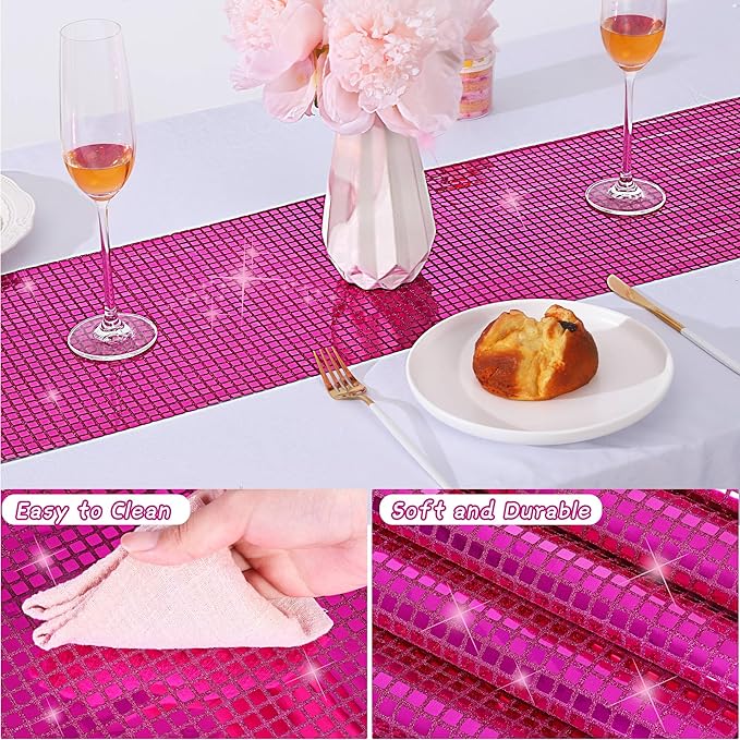 Durony 6 Pack Disco Table Runner 11 x 108 Inch Mirror Hot Pink Glitter Foil With Sparkle Sequin for Bachelorette, 70s, Cowgirl Party Decorations