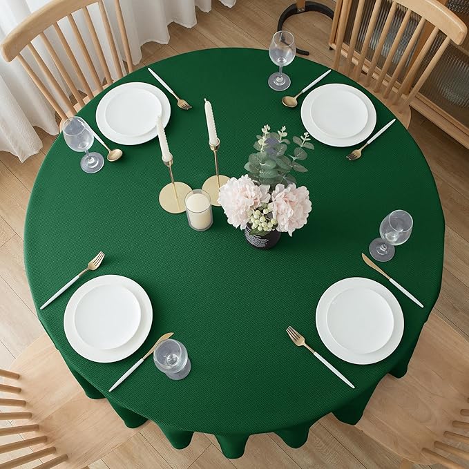 Biscaynebay Textured Fabric Christmas Round Table Cloth 90", Hunter Green Water Resistant Folding Table Covers for Dining, Kitchen, Wedding & Parties Machine Washable