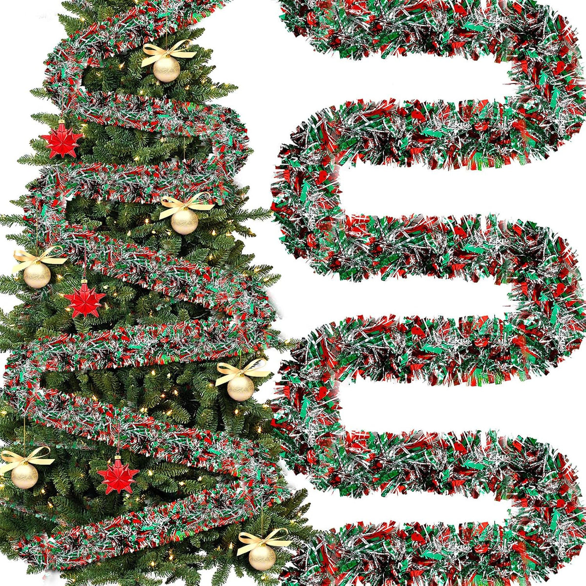 295 feet christmas tinsel garland, red, green, silver, main product view
