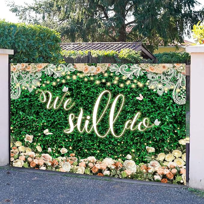 We Still Do Backdrop Green Leaves Lace Wedding Anniversary Photography Background Engagement Vow Renewal Bachelorette Party Decoration Banner Photo Booth Studio Props 7x5ft FU032YL