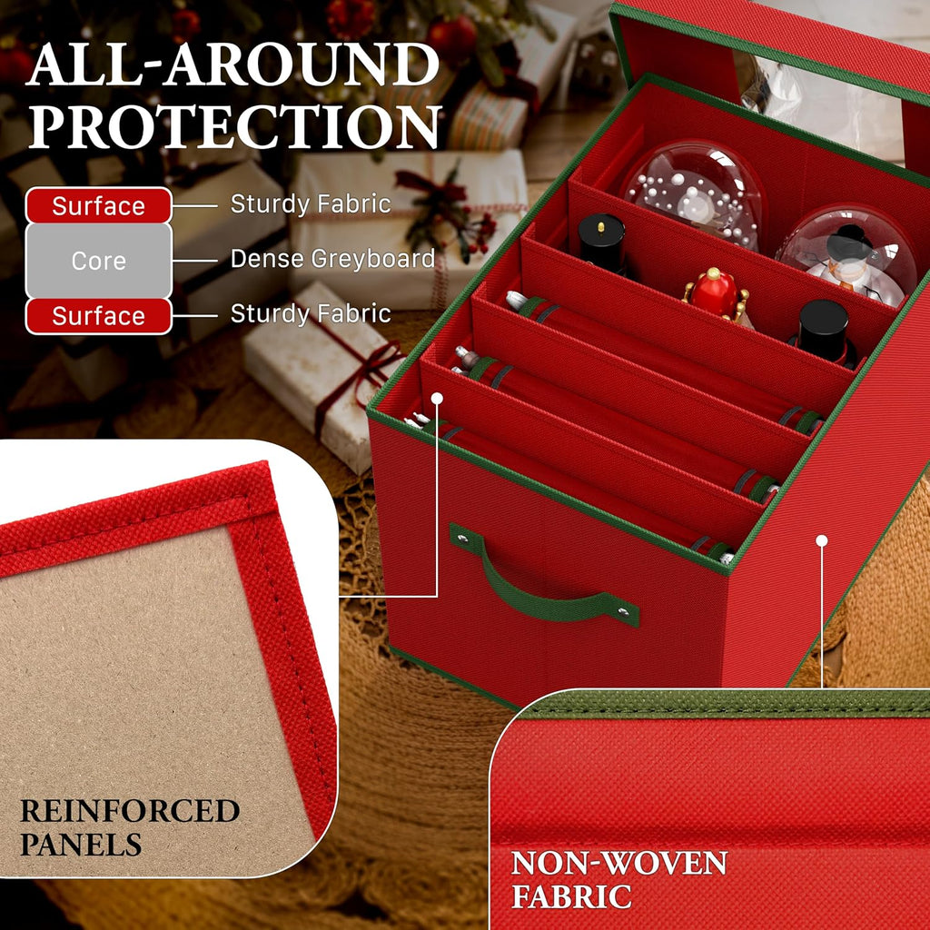 Simple Houseware Heavy-Duty Christmas Ornament Organizer Bin with 6 Padded Wraps, Adjustable Dividers for 12-inch Nutcrackers & Holiday Decorations, Clear Window