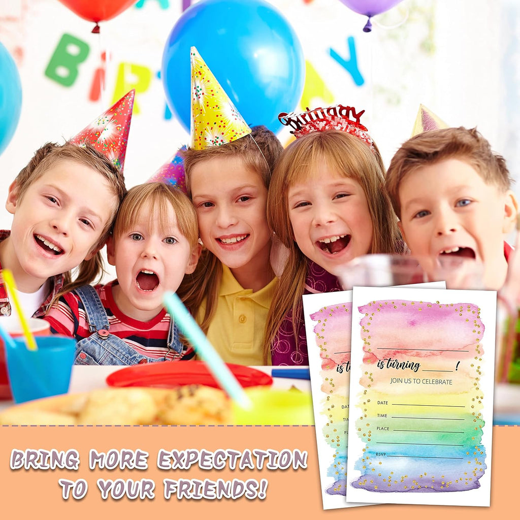 Colorful Rainbow Birthday Party Invitations, 20-Count Watercolor Rainbow Glitter Birthday Party Invites With Envelopes-HBYQK-B59