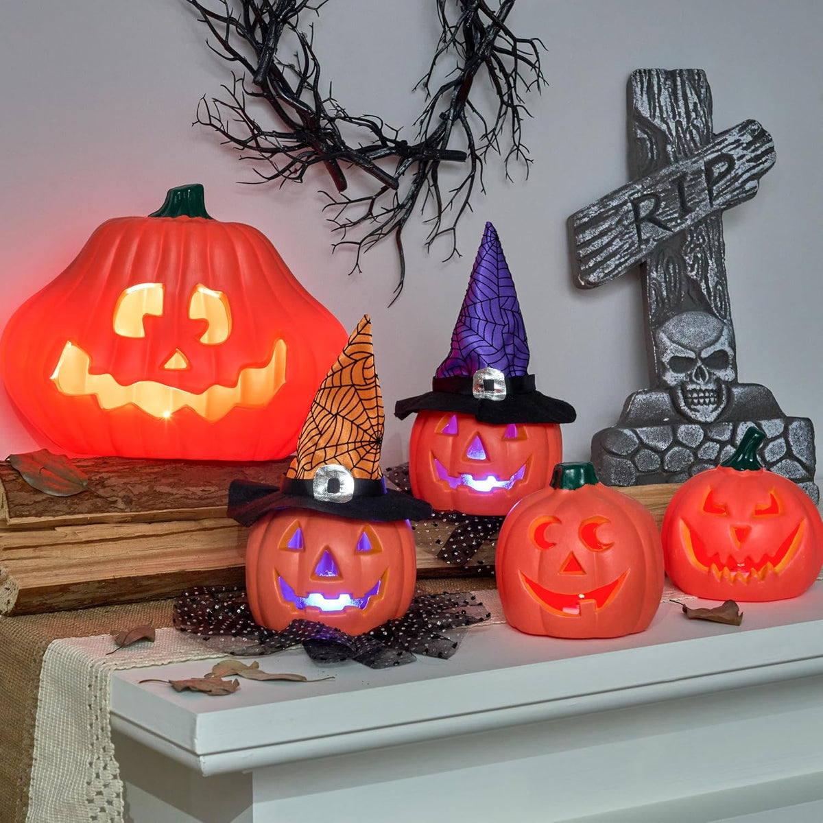 JOYIN 5 Pcs Light Up Halloween Pumpkin Decorations Jack O Lantern Decor, Plas...