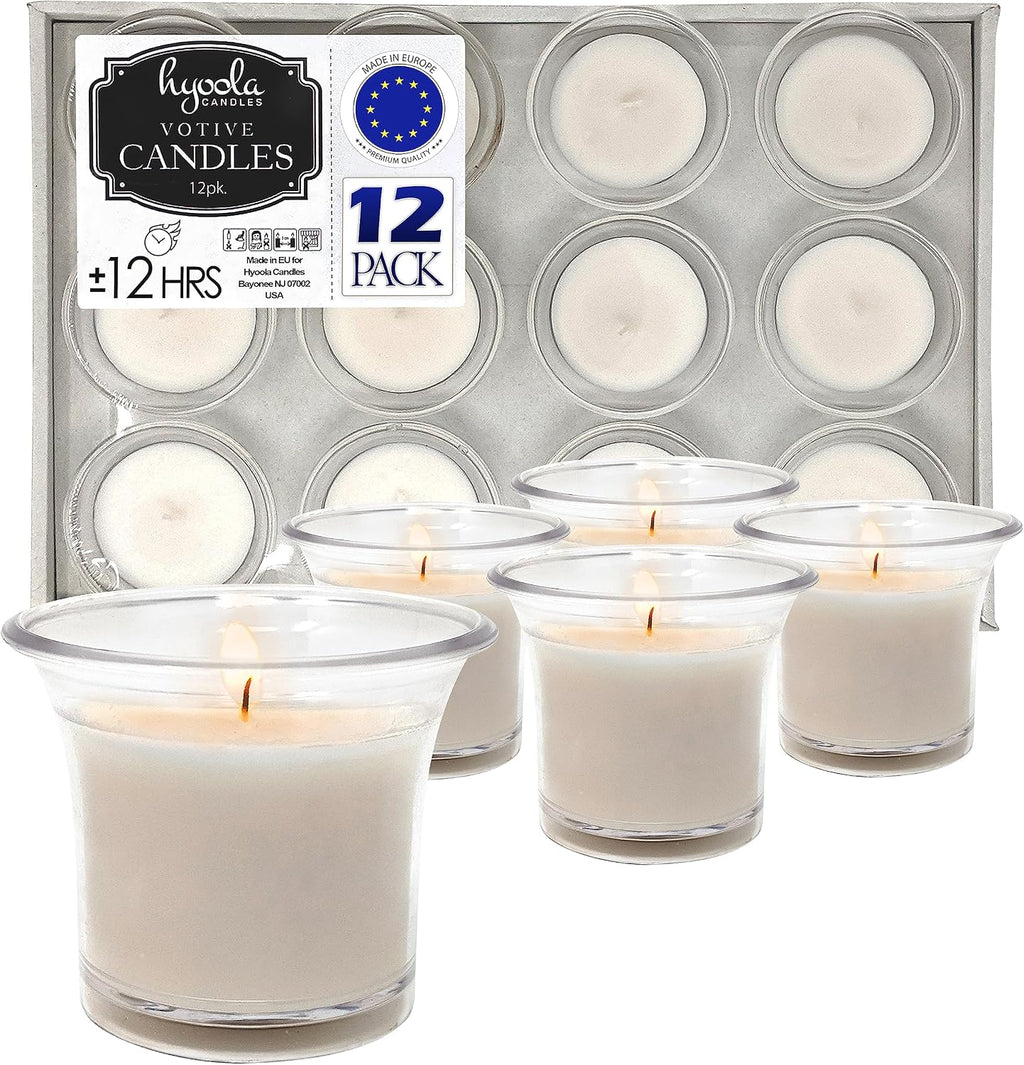 Hyoola Votive Candles - White Votives in Clear Cup - 12 Hour Burn Time Unscented Votive Candles Bulk - Pack of 12 Small Candles in Bulk - Made in Europe