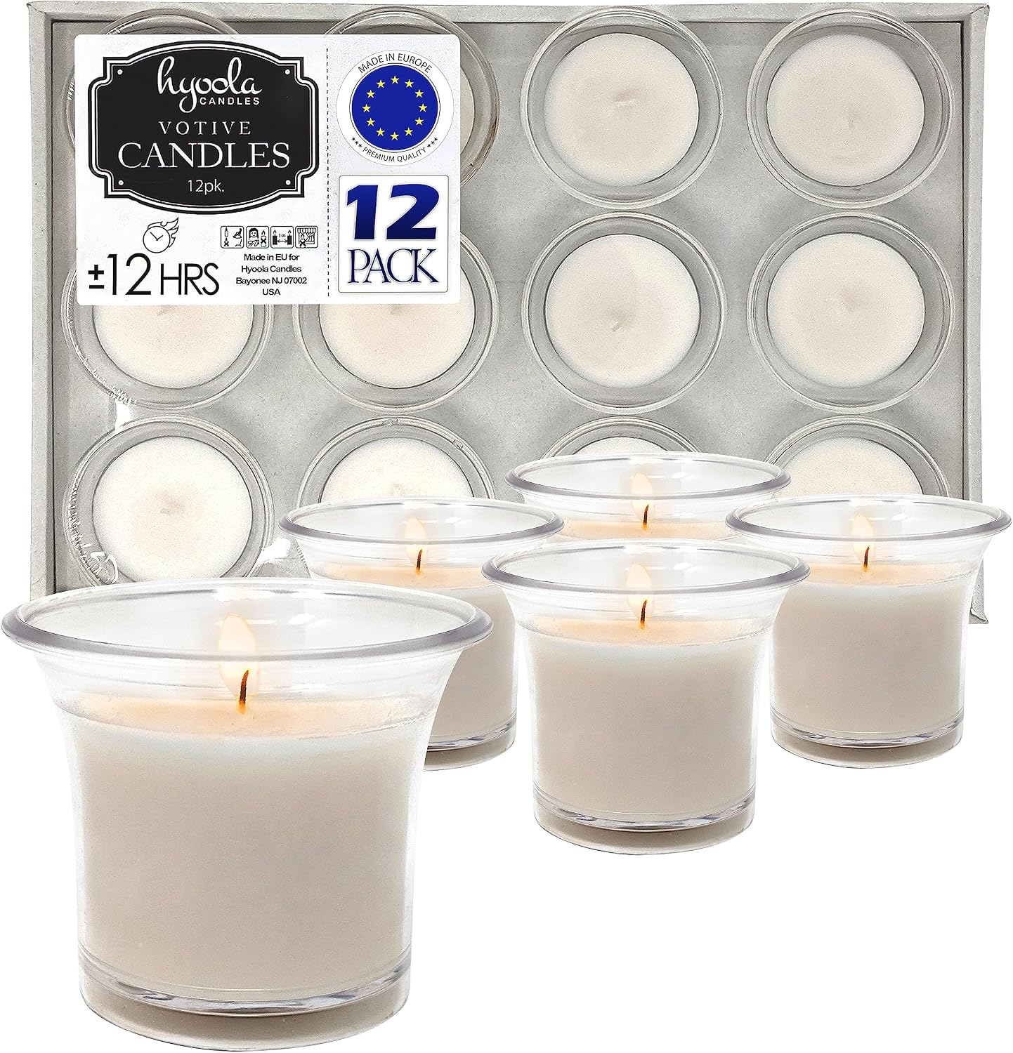 Hyoola Votive Candles - White Votives in Clear Cup - 12 Hour Burn Time Unscented Votive Candles Bulk - Pack of 12 Small Candles in Bulk - Made in Europe