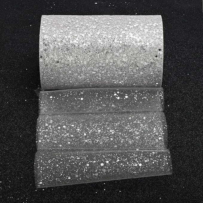 Glitter Tulle Rolls, 6” by 50 Yards (150FT) Sparkling Tulle Spool Ribbon Sequin Tulle Netting Fabric for Tutu Skirt Wedding Birthday Baby Shower (Silver)