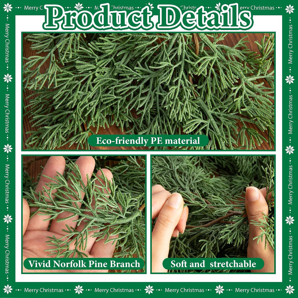 christmas norfolk pine garland, 6 ft dense pines, close-up detail