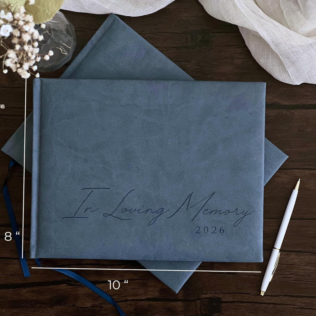 Funeral Guest Book for 2026 Celebration Of Life Memorial Service - Leather Memory Book for Funeral Guests to Sign In with Condolence Memory Table Sign & Back Pocket - Blue Guestbook