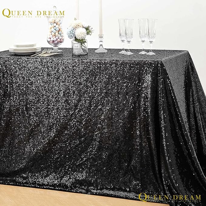QueenDream Tablecloth 90x156 Rectangle Sequin Tablecloth Black Wedding Table Linens Glitter Birthday Bridal Party Indoor Outdoor Decorations