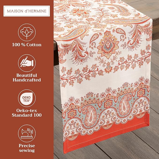 Maison d' Hermine Table Runner 100% Cotton Single Layer Table Runners 108 inches Long for Thanksgiving Christmas Decorations Home Kitchen Dining Party Wedding (Cachemire, 14.5" x 108")