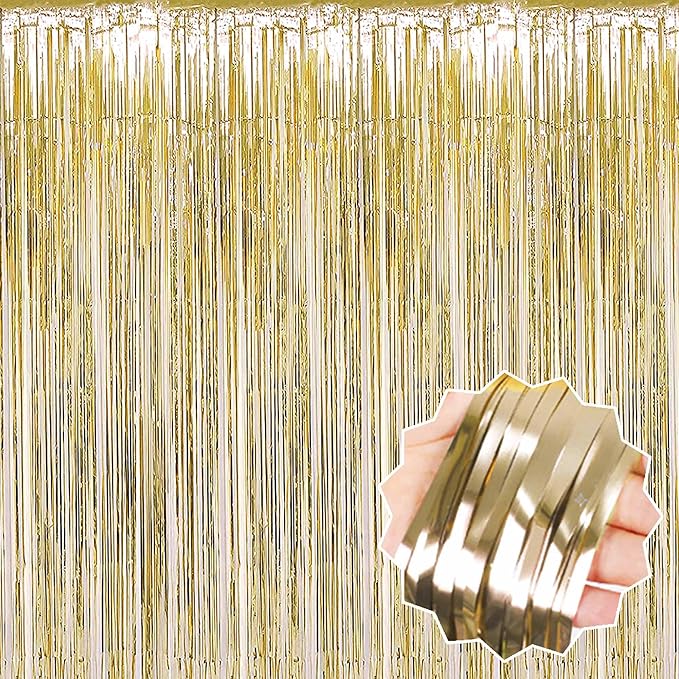 6 Pack Light Gold Foil Fringe Curtains Backdrop, 3.28 x 8.2 Ft Metallic Streamers Tinsel Curtains Background for Photo Booth, Birthday, Weddings, Carnivals, Graduation, Themed Party Decorations