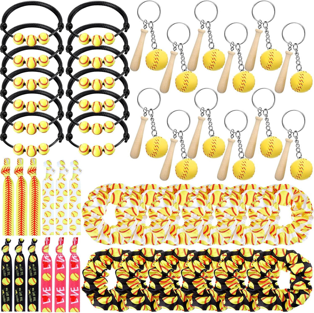 Jexine 48 Pcs Softball Party Favors Set, Including 12 Keychains 12 Hair Ties 12 Scrunchies and 12 Charm Bracelets Softball Goodie Bag Stuffers for Women Team Sports Birthday Party Supplies Decoration