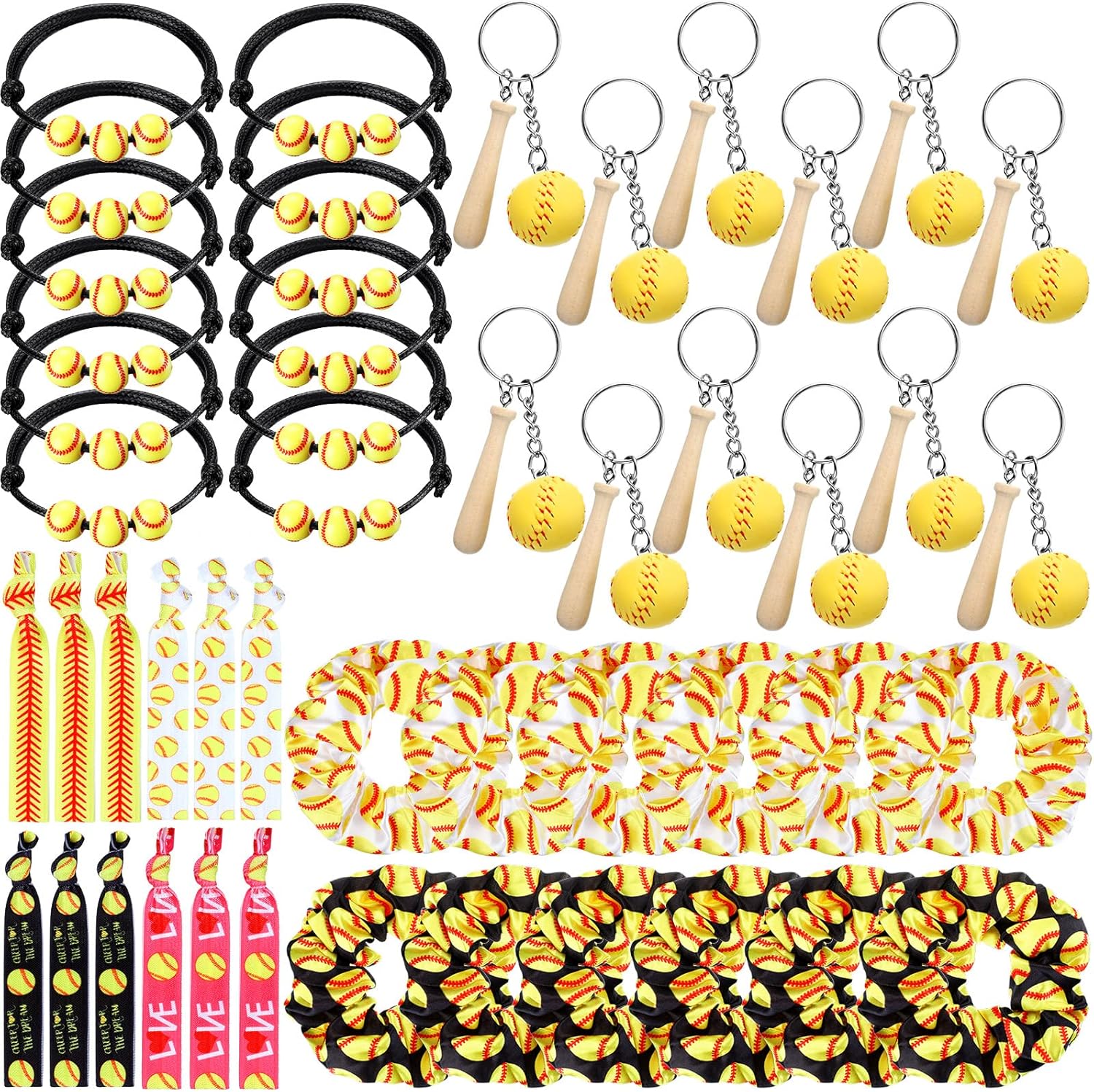Jexine 48 Pcs Softball Party Favors Set, Including 12 Keychains 12 Hair Ties 12 Scrunchies and 12 Charm Bracelets Softball Goodie Bag Stuffers for Women Team Sports Birthday Party Supplies Decoration