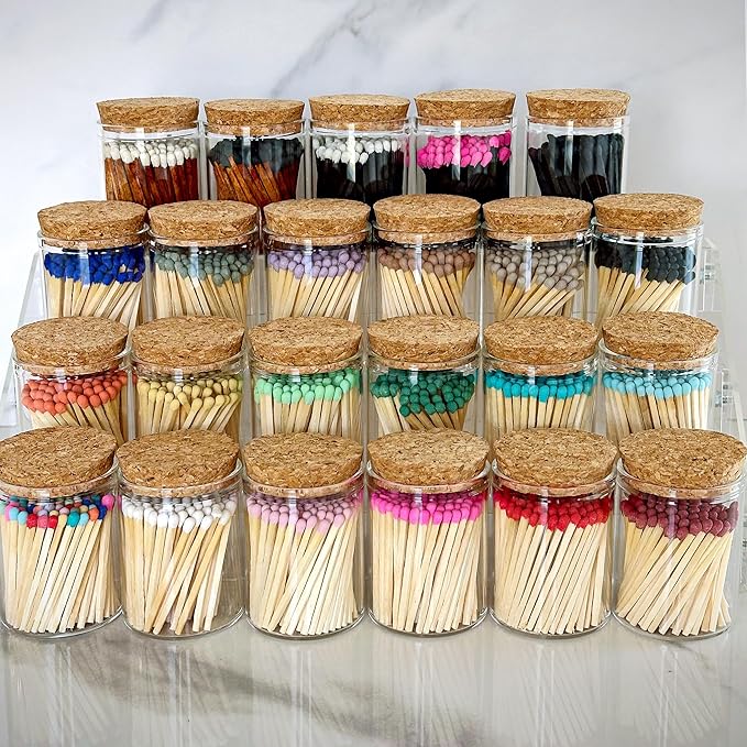 2" Matches in a Chic Jar + Striker Stickers Included | 100 Matchsticks in The Color of Your Choice | Decorative Safety Matches with a Cork Top Glass Holder | Gifts & Home Decor by Thankful Greetings