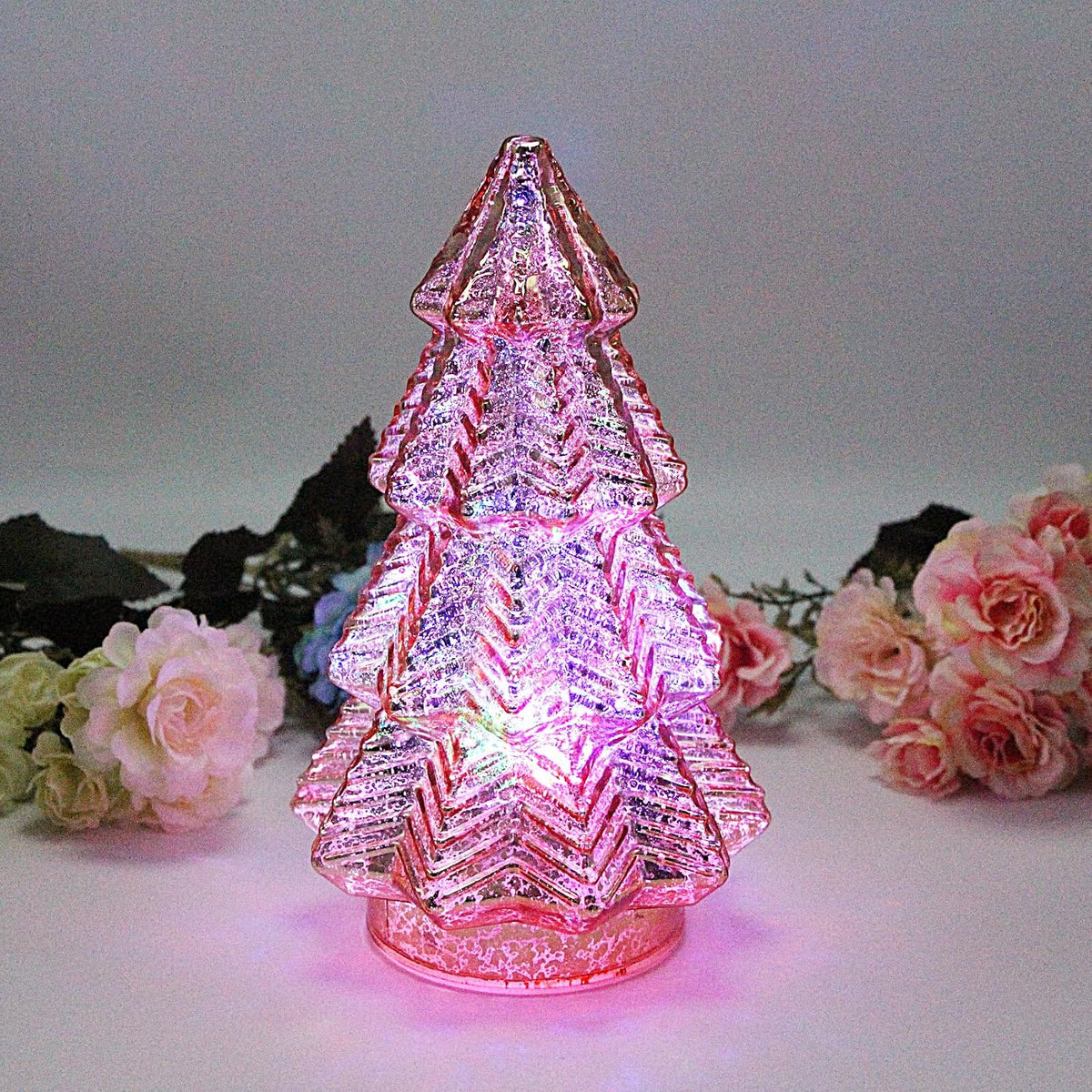 mercury glass christmas tree lights,lighted swirling colorful glass on a desk or shelf
