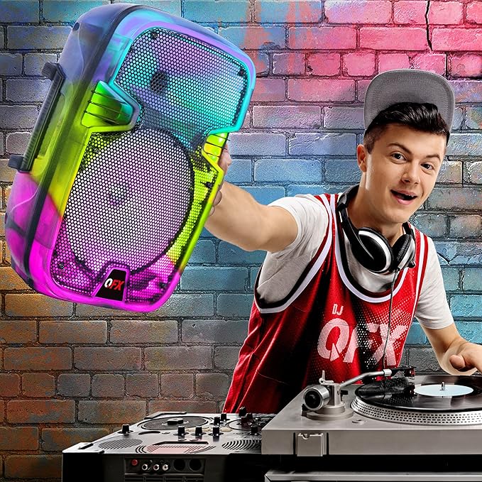 Crystal Clear Sound, Bright Party Lights, Portable & Easy to Use | 8" Rechargeable Bluetooth PA Karaoke Loud Party Speaker, 5-Hour Playtime | TWS, USB, TF, AUX, FM Radio | QFX | TMS-853