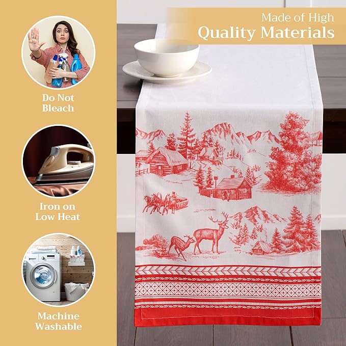 Maison d' Hermine Table Runner 100% Cotton Single Layer Table Runners 108 inches Long for Thanksgiving Christmas Decorations Home Kitchen Dining Party Wedding (Winter Jouy, 14.5" x 108")