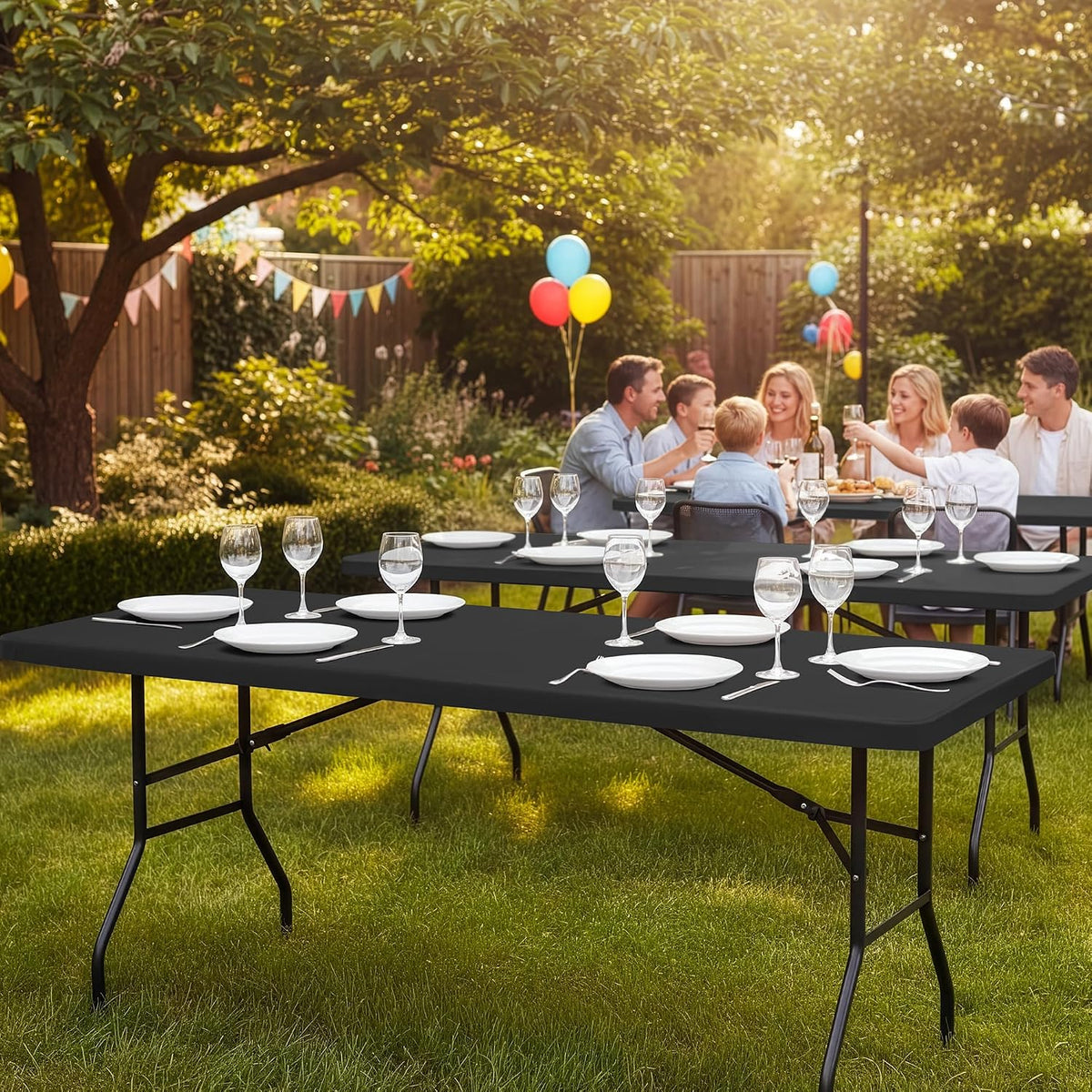 6ft Fitted Tablecloth Rectangle 6-Pack, Black Elastic Table Cover