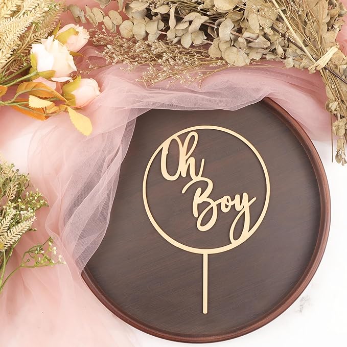 Oh Boy Cake Topper - Wooden Oh Boy Baby Shower Cake Decorations - Baby Shower Cake Topper for First Birthday/Gender Reveals Party, Photo Booth Props