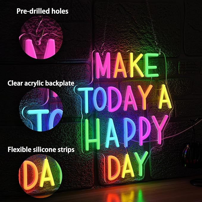 Make Today a Happy Day Neon Sign,Dimmable Positive Quote Neon Light Inspirational Letter LED Light for Wedding School Office(11.81 * 14.57In)