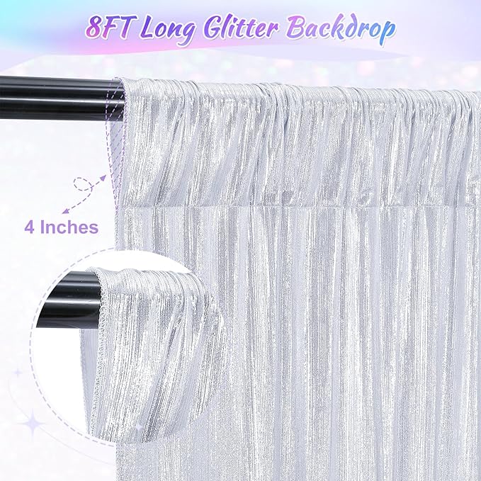 Silver Curtains Backdrop for Wedding Parties, Glitter Blrthday Drapes 4 Panels of 4.8x8FT Wrinkle Free Glitter Photo Backdrop Drapes