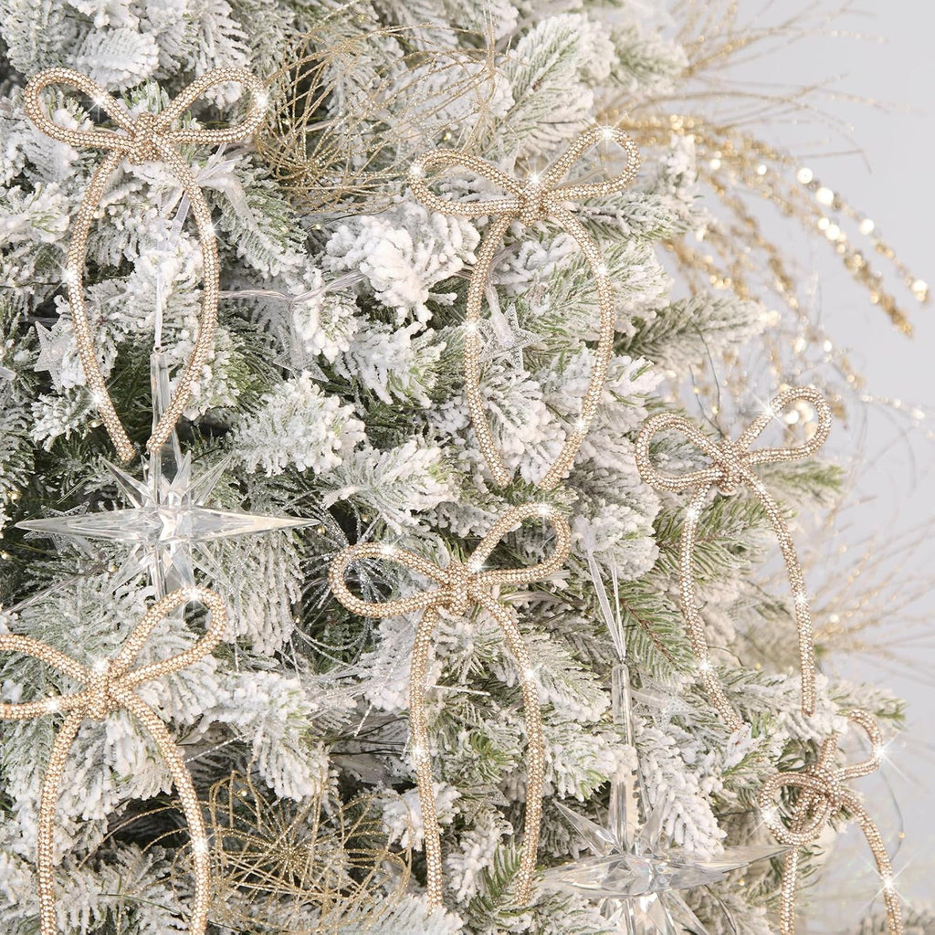 6 Pcs 2026 Christmas Bows Ornaments, Champagne Gold Sparkly Glitter Rhinestone Bow Ornaments with Twist Tie for Xmas Tree Decoration, Wreath, Garland, Gift Wrapping