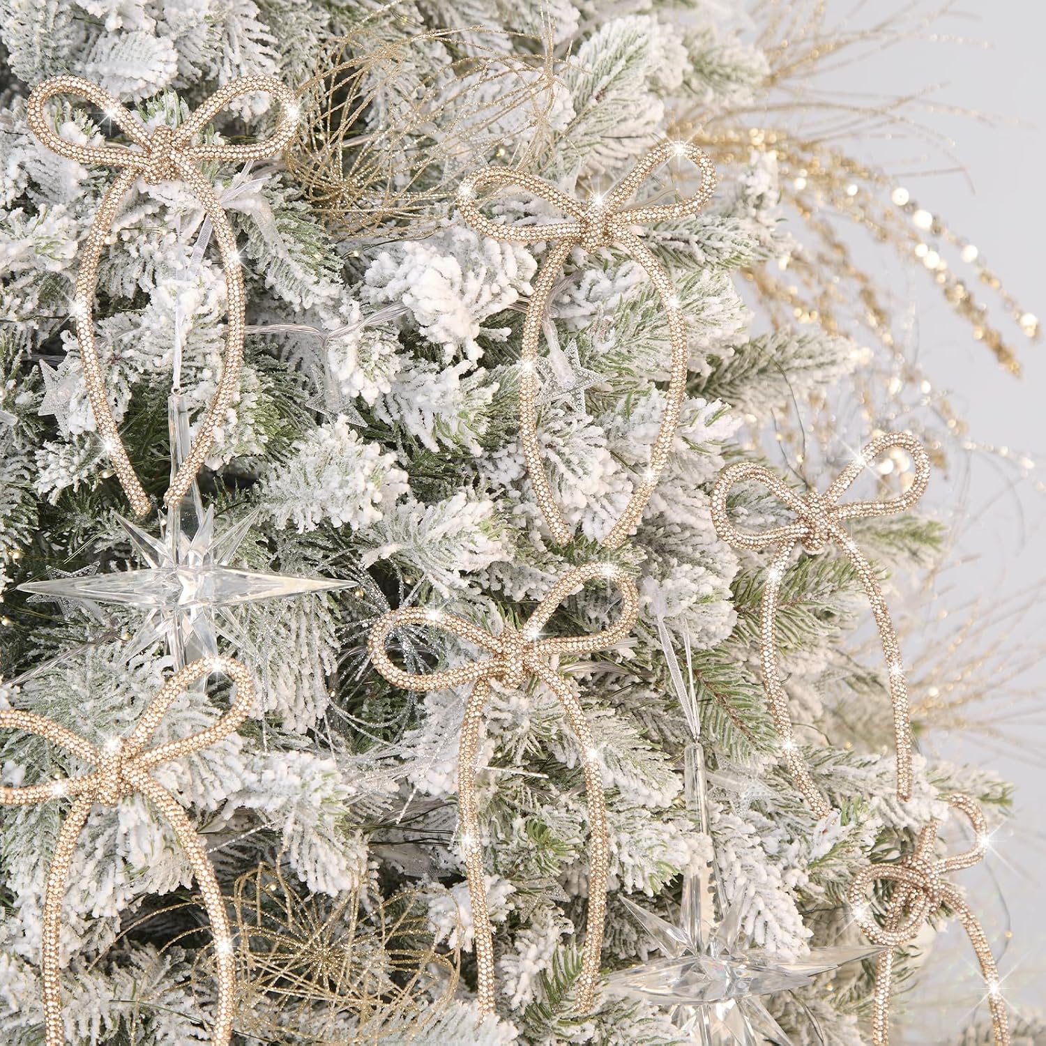 6 Pcs 2026 Christmas Bows Ornaments, Champagne Gold Sparkly Glitter Rhinestone Bow Ornaments with Twist Tie for Xmas Tree Decoration, Wreath, Garland, Gift Wrapping