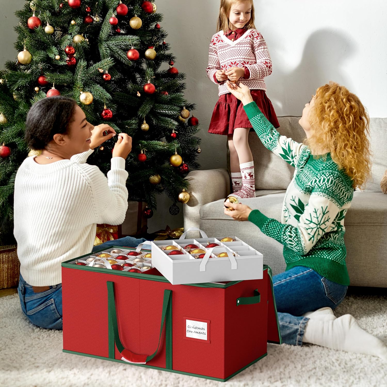 Simple Houseware Heavy-Duty Large Christmas Ornament Storage Box with Adjustable Dividers, Stores up to 128 Ornaments, Zipper Lid, Red