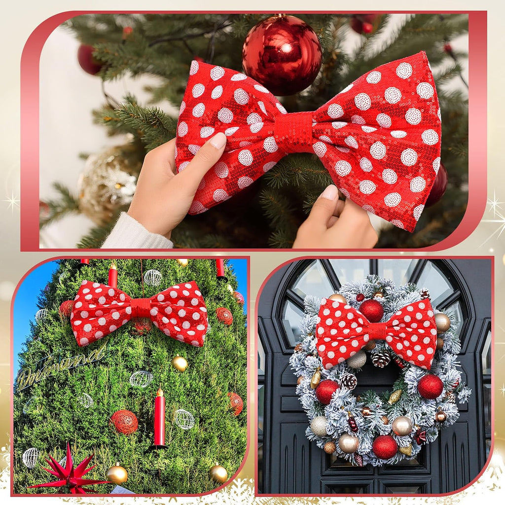 Suncalla Red and White Christmas Tree Topper Bow Tree Topper 14x8'' Large Red and White Polka-dot Sequin Bow for Indoor Outdoor Christmas Decoration Xmas Party Favors Holiday Treetop Decoration