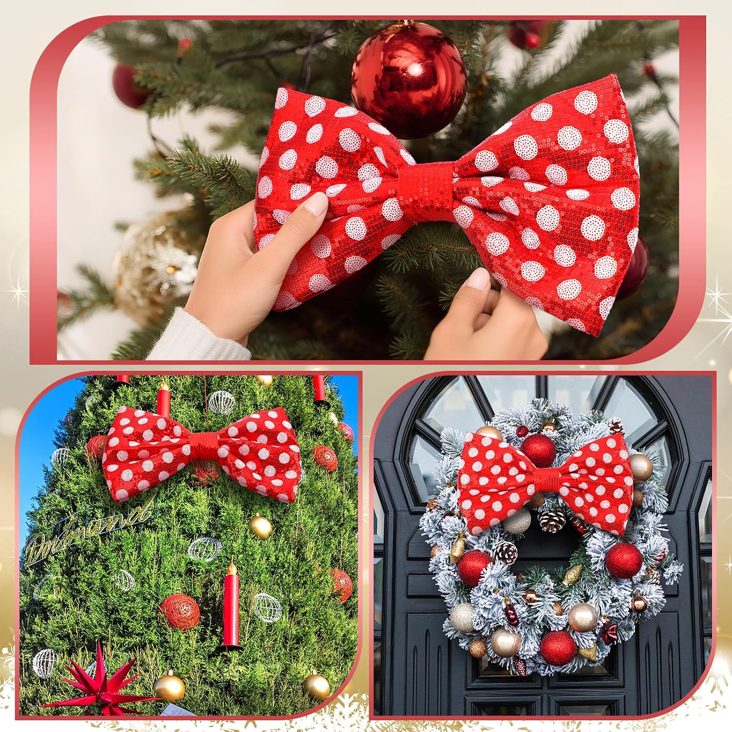 Suncalla Red and White Christmas Tree Topper Bow Tree Topper 14x8'' Large Red and White Polka-dot Sequin Bow for Indoor Outdoor Christmas Decoration Xmas Party Favors Holiday Treetop Decoration