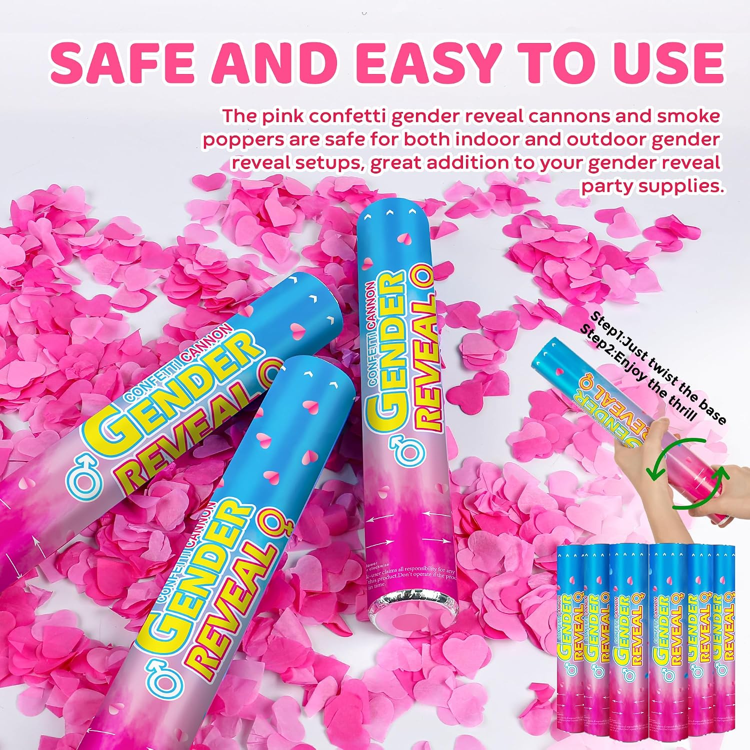 Gender Reveal Confetti Cannons Party Poppers – Gender Reveal Cannon Kit with Heart-Shaped Confetti – Easy Twist Shooters for Baby Reveal Party Decorations (Pink Confetti Cannon)