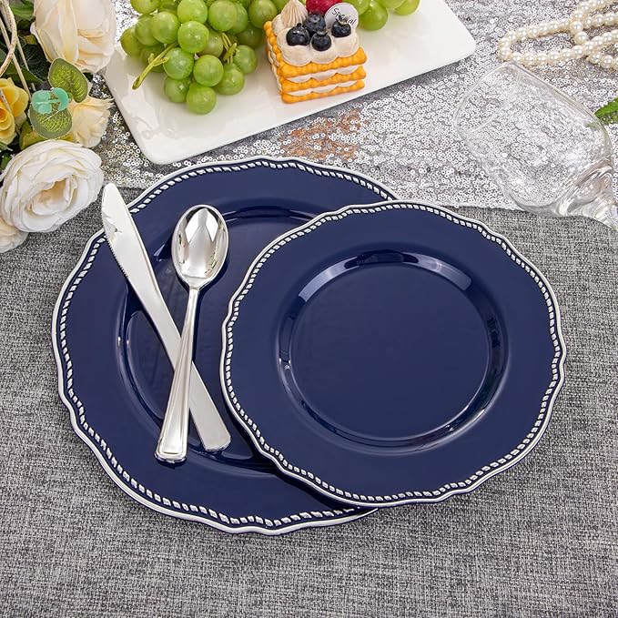Hioasis 60pcs Blue Plastic Plates - Blue and Silver Disposable Dinnerware with Gold Rim, Heavy-duty, 10.25 inch, Dinner Plates for Party & Wedding