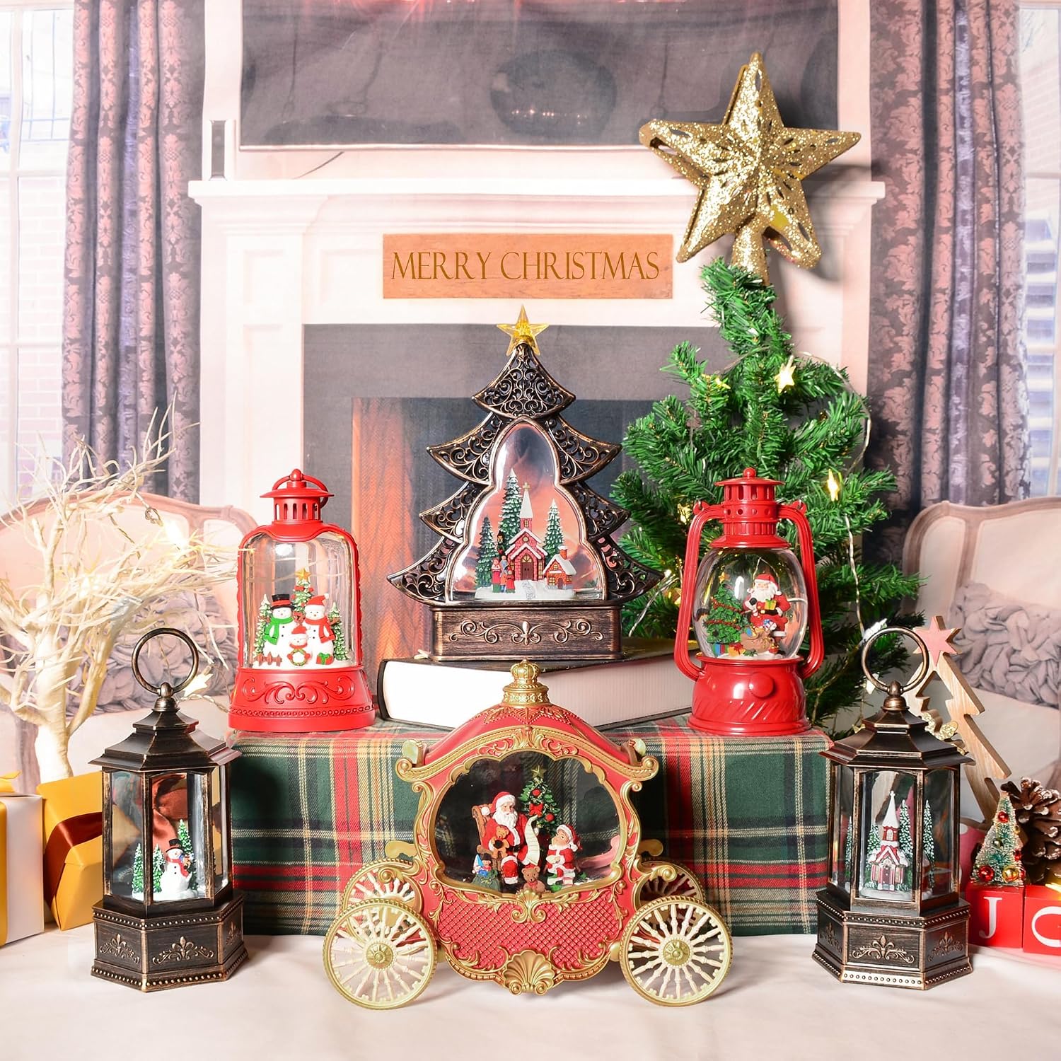 Christmas Snow Globes, Christmas Snowman Snow Globes Lantern with 8 Songs, 6H Timer Battery & USB Powered Glitter Music Box for Christmas Table Decorations Home Decor