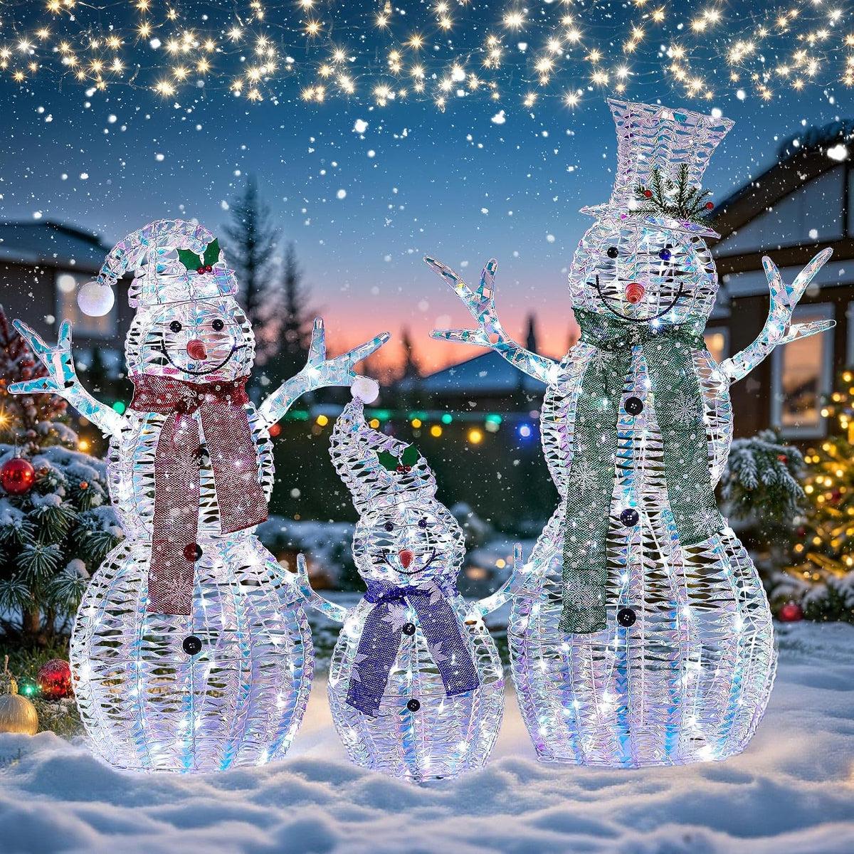 large christmas snowman family decorations with iridescent rattan, main product view