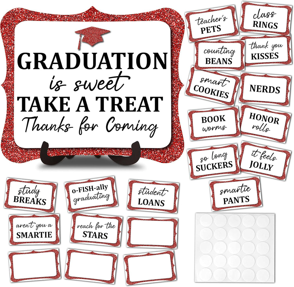 20PCS Graduation Candy Bar Sign, 1 Red Glitter Candy Buffet Table Sign with Stand, Catering Supplies Display for Graduation Decorations Class of 2026 -A04-2