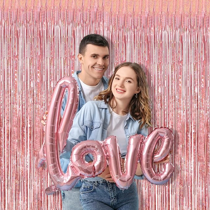 BRAVESHINE Rose-Gold Metallic Tinsel Backdrop - 2Pcs 3.2x8.2ft Metallic Tinsel Foil Fringe Curtains Photo Booth Streamers for 21-st Birthdays Bachelorette Engagement Bridal Shower Party Decorations