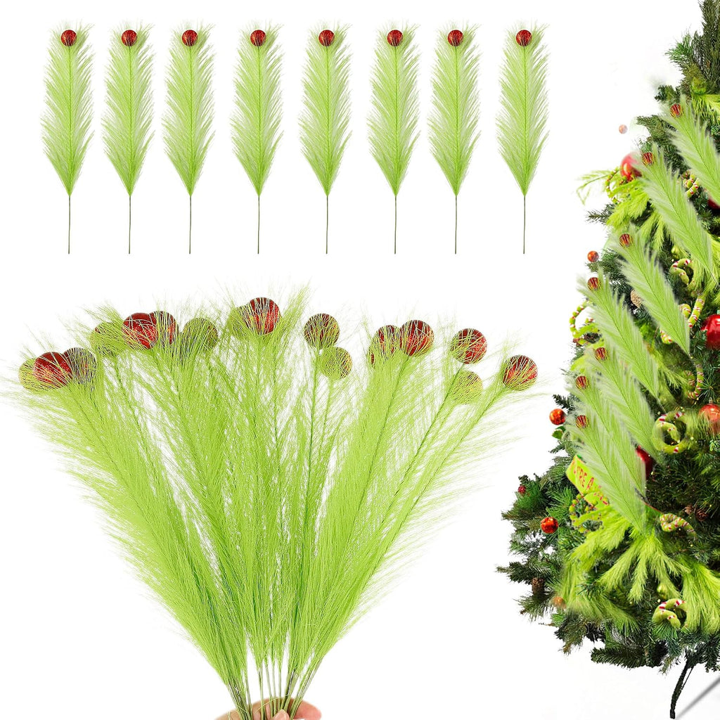 20Pcs 21.7'' Lime Green Christmas Tree Topper with Red Balls | Grinch Christmas Decorations, Artificial Pampas Grass Stems, For Wreath Craft Vase Fillers, Xmas Home Decoration Supplies