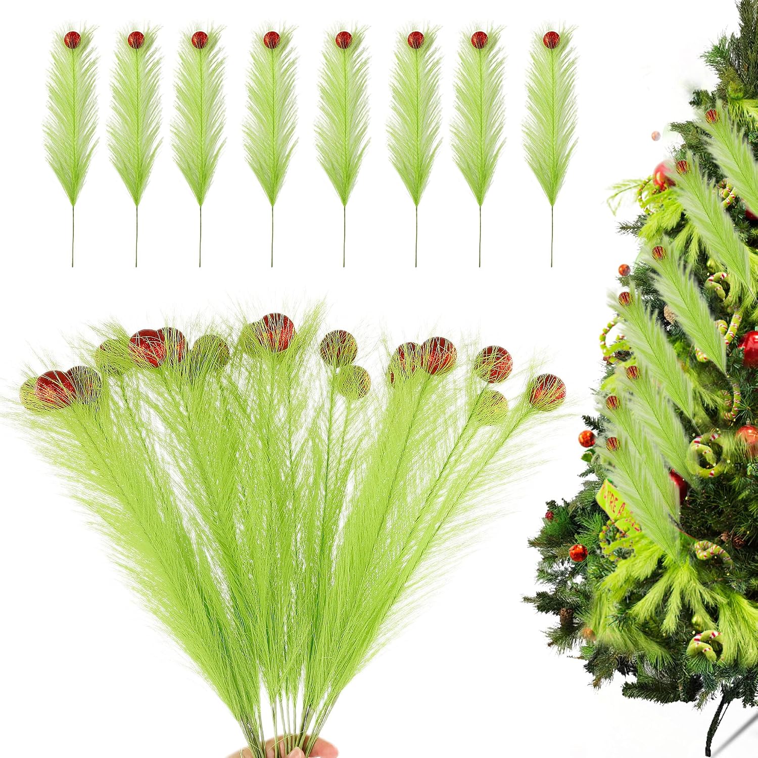 20Pcs 21.7'' Lime Green Christmas Tree Topper with Red Balls | Grinch Christmas Decorations, Artificial Pampas Grass Stems, For Wreath Craft Vase Fillers, Xmas Home Decoration Supplies