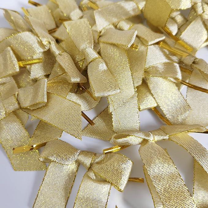 50pcs 2-1/2" Metallic Gold Bows for Crafts Pretaied Christmas Bows for Decoration with Twist Ties Hot Cut Tails(W.Gold)